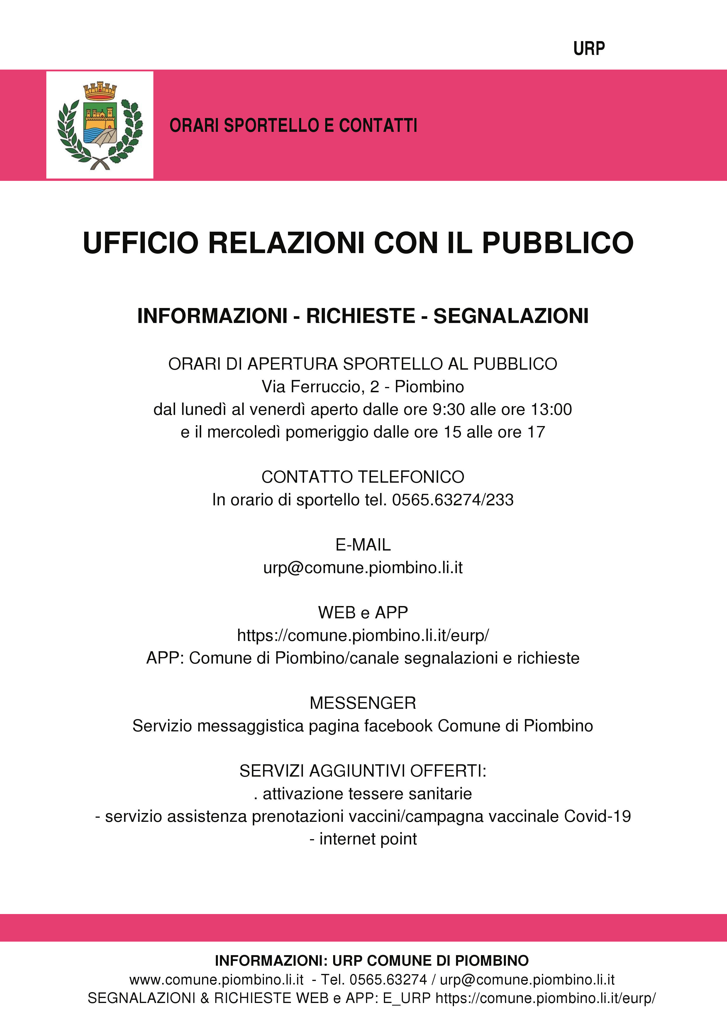 UFFICIO RELAZIONI CON IL PUBBLICO, I NUOVI ORARI E I CONTATTI