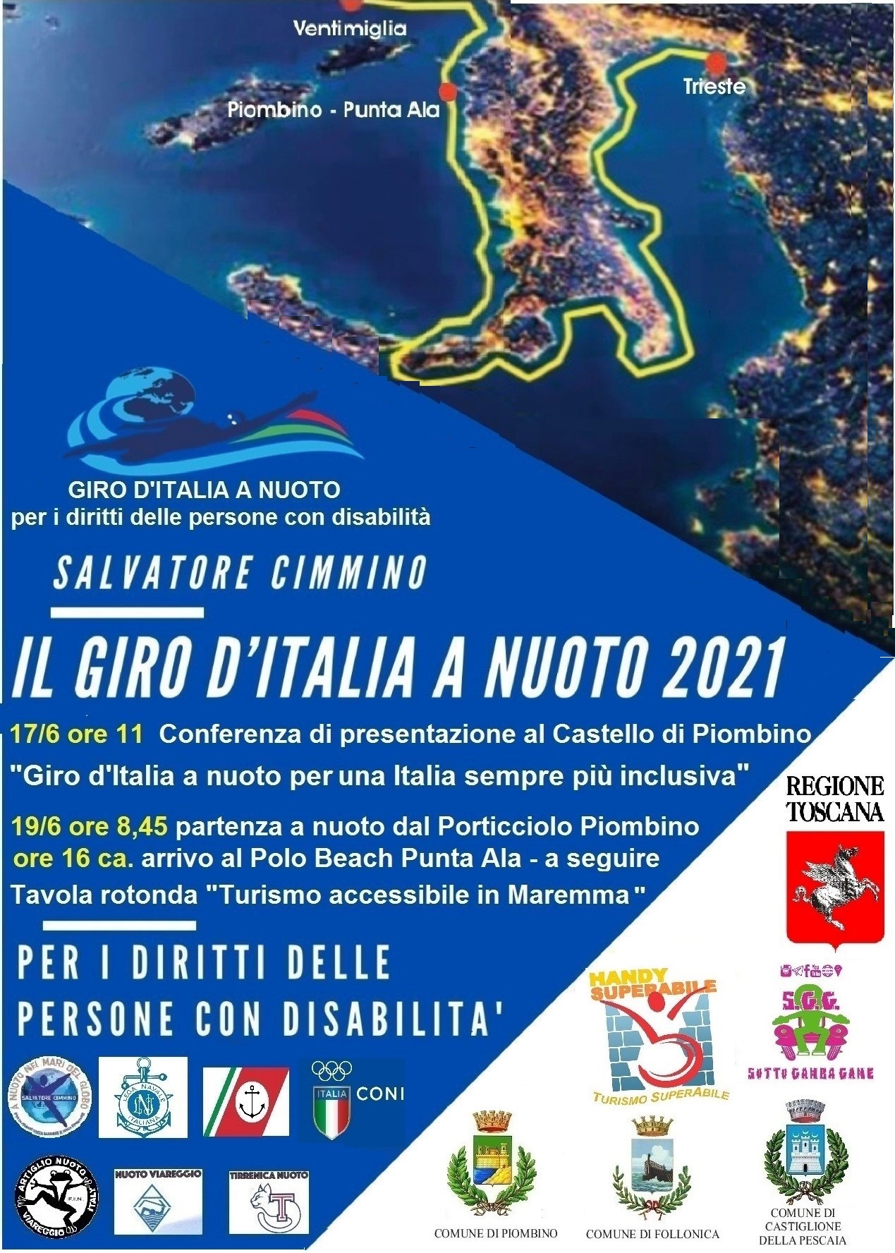 GIRO D�ITALIA A NUOTO, APPRODA A PIOMBINO L�IMPRESA DELL�ATLETA DISABILE SALVATORE CIMMINO
