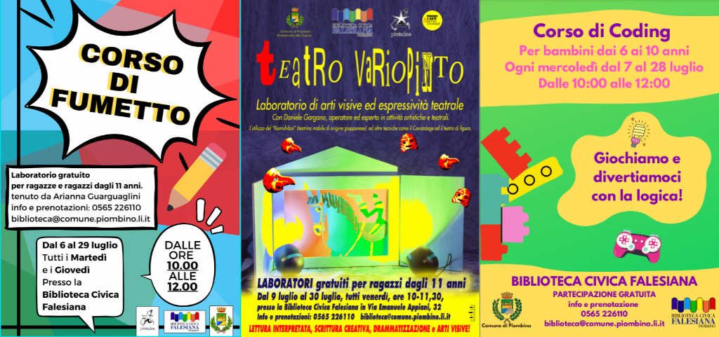 CORSO DI FUMETTO, LABORATORIO DI ARTI VISIVE E CODING, INIZIANO A LUGLIO I CORSI PER RAGAZZI E BAMBINI DELLA BIBLIOTECA