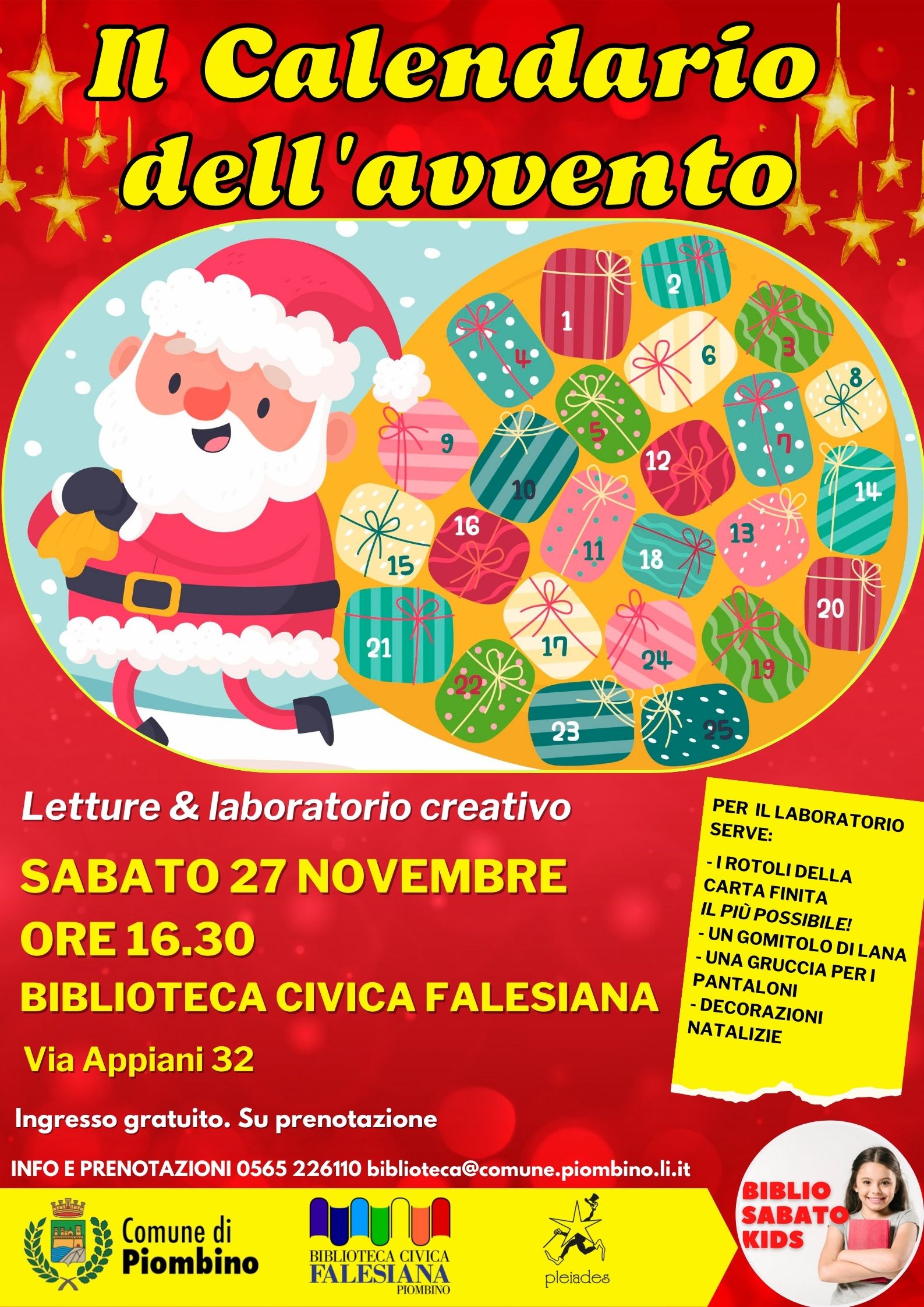 BIBLIOSABATOKIDS, ALLA BIBLIOTECA LETTURE PER BAMBINI E LABORATORIO CREATIVO PER REALIZZARE IL CALENDARIO DELL�AVVENTO