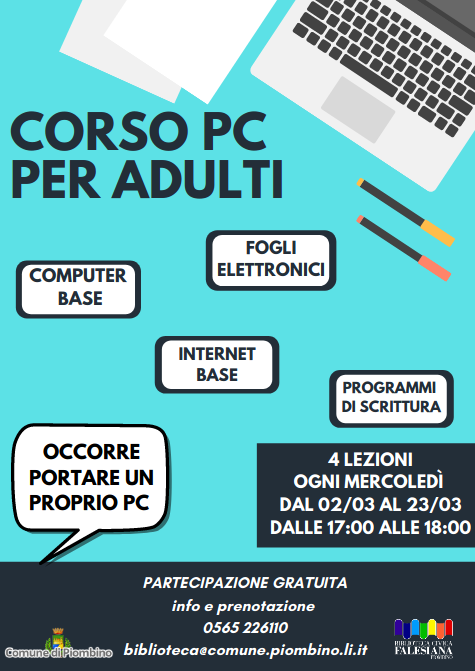 CORSO DI PC PER ADULTI, ALLA BIBLIOTECA 4 LEZIONI GRATUITE DI ALFABETIZZAZIONE INFORMATICA