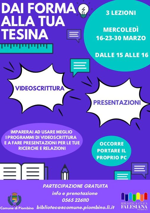 �Dai forma alla tua tesina�: al via il corso di informatica alla Biblioteca Civica Falesiana