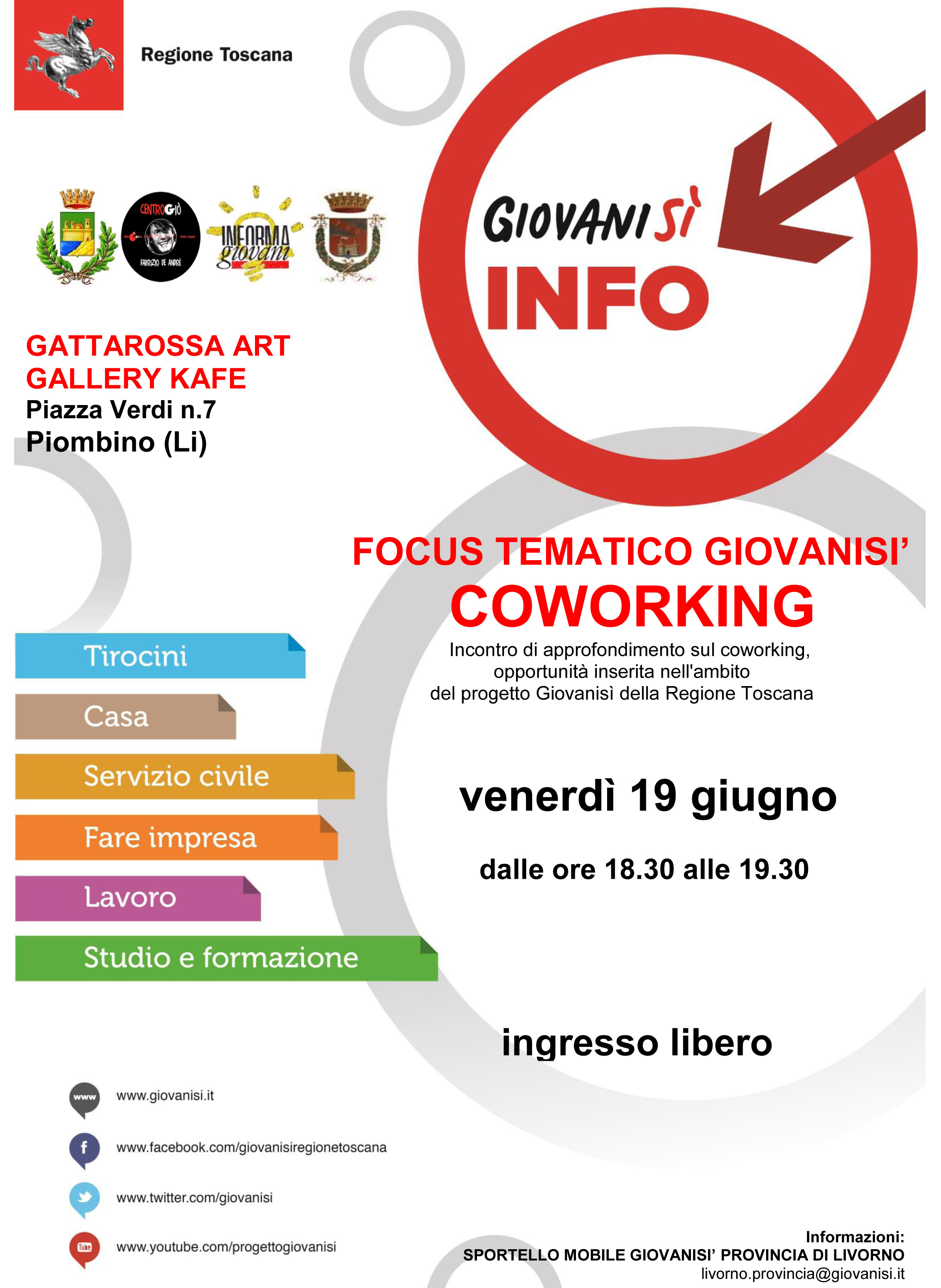 Venerd&igrave; 19 giugno FOCUS TEMATICO sul COWORKING del progetto Giovanis&igrave; della Regione Toscana a Piombino