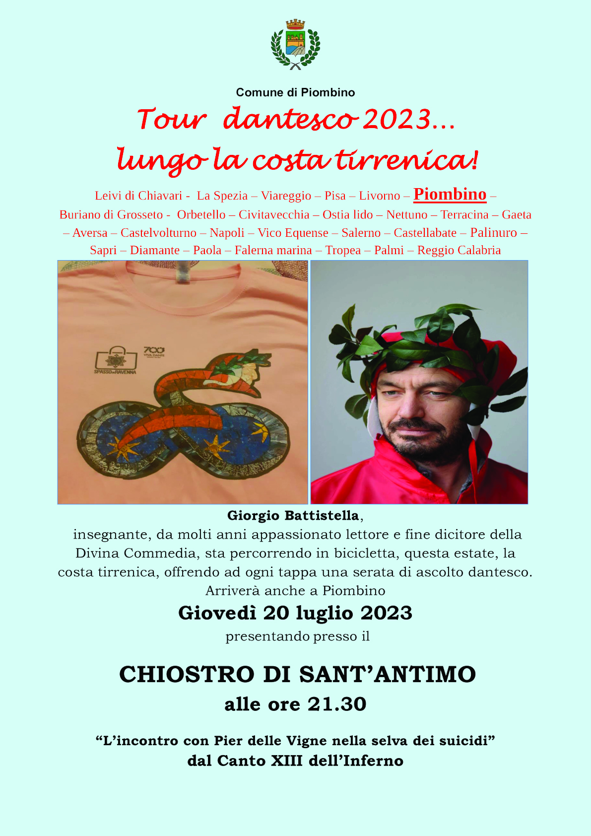 Il �tour dantesco� in bicicletta di Giorgio Battistella fa tappa a Piombino